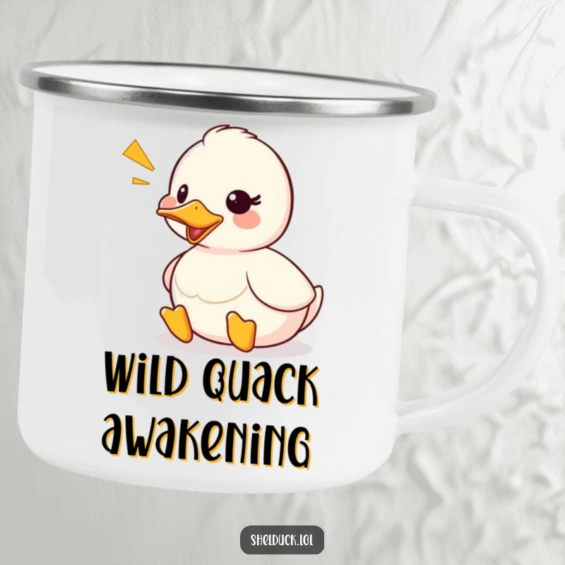 Funny shelduck camping mug with a cute duck character quacking, complete with a visible sound wave, for the adventurous spirit.