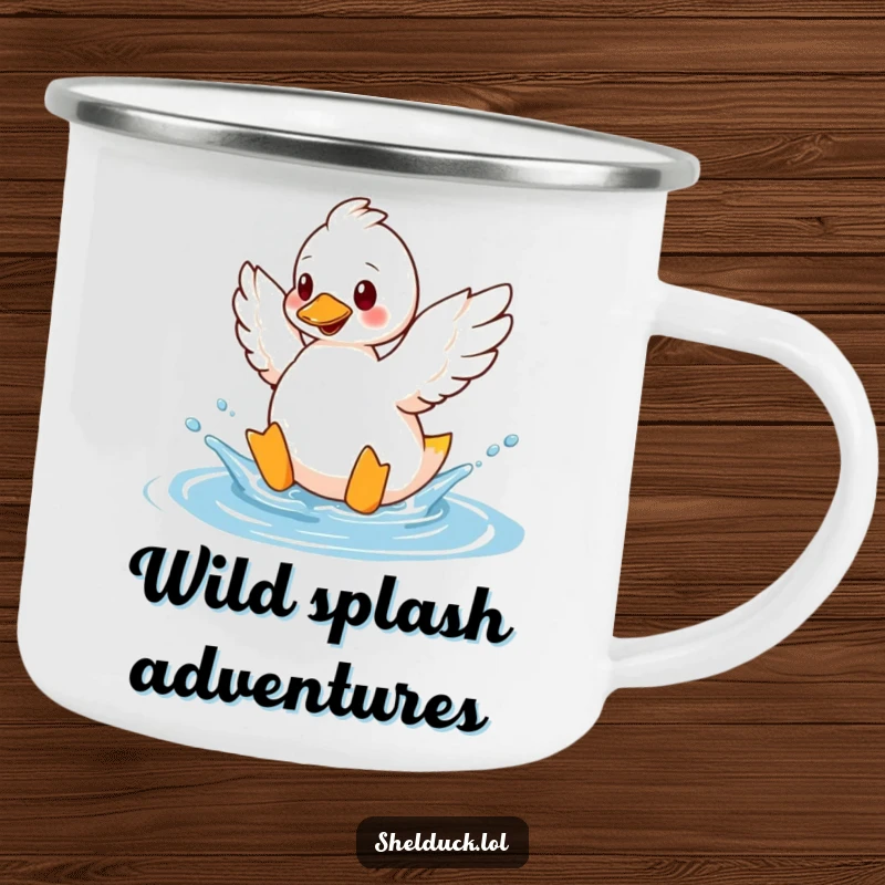 Funny shelduck camping mug depicting a bird playfully splashing water with its wings, perfect for outdoor fun.
