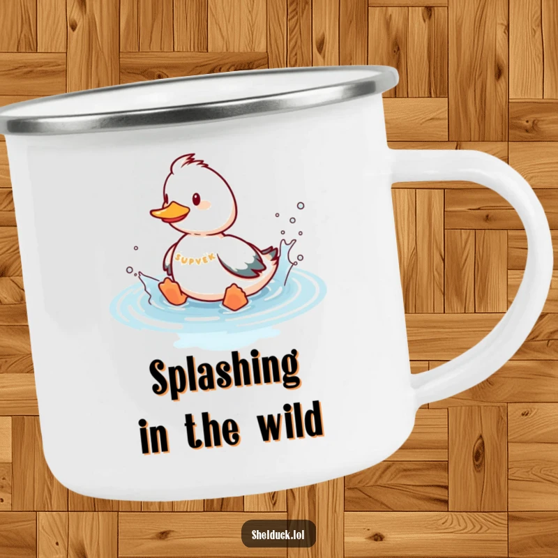 Funny shelduck camping mug depicting a playful bird splashing in imaginary water, ideal for enjoying drinks during outdoor adventures.
