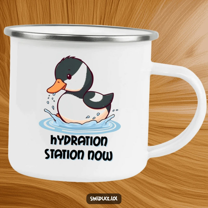 Funny camping mug featuring a shelduck bird playfully splashing water with its beak, perfect for outdoor enjoyment and laughs.