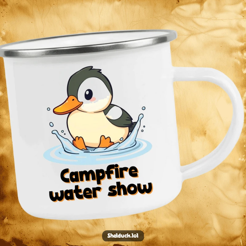 Funny shelduck camping mug, playful bird splashing water, enamel cup, outdoor adventure, great gift.