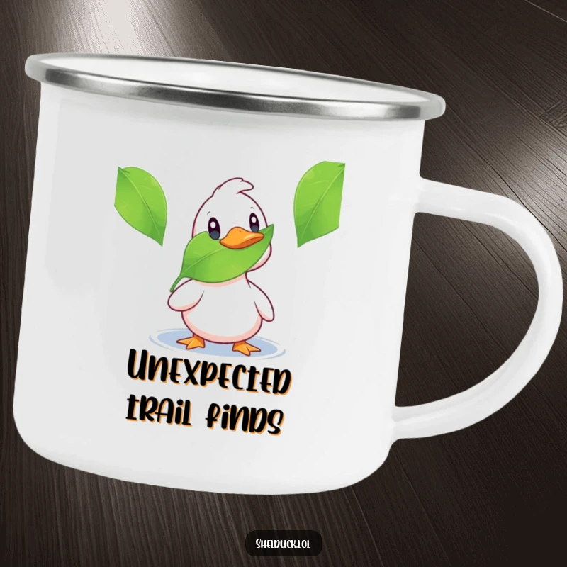 Funny shelduck camping mug showing a duck surprised by a leaf, perfect for outdoor enthusiasts and humorous gifts.