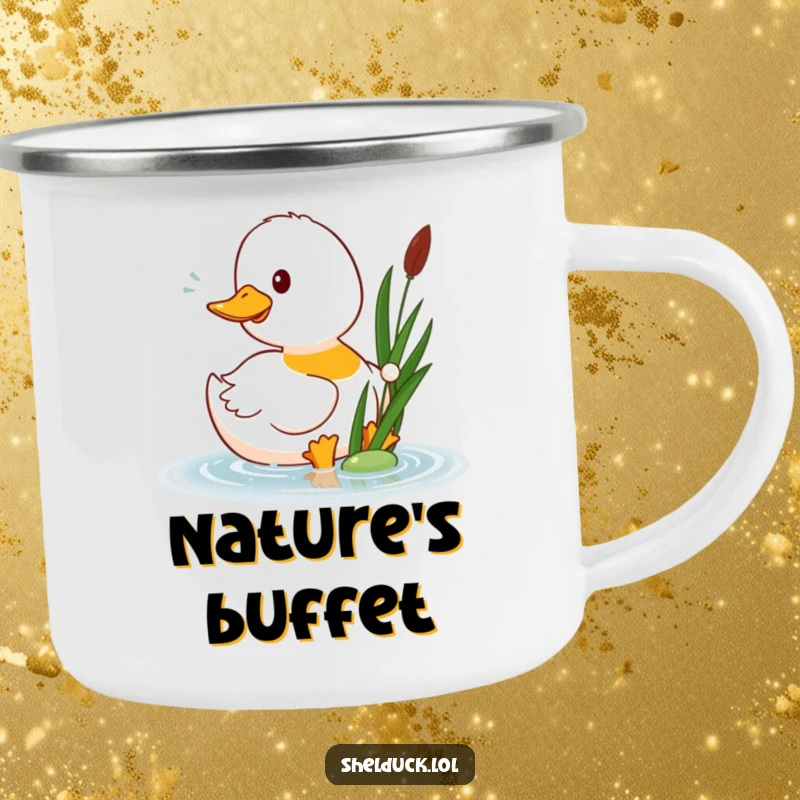 Funny shelduck camping mug displays a happy shelduck bird playfully pecking at a floating reed, ready for outdoor enjoyment.