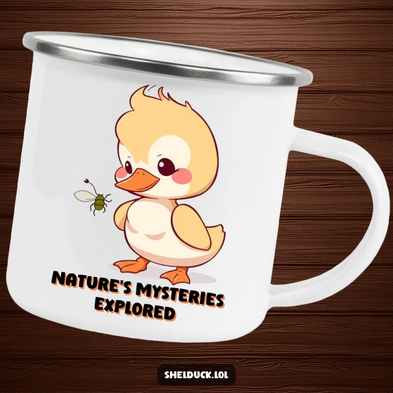 Funny shelduck camping mug featuring a curious bird, perfect for outdoor adventures and hot beverages.