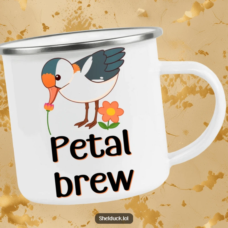 Funny shelduck bird camping mug, curiously pecking at a brightly colored flower, rugged, outdoor funny gift.