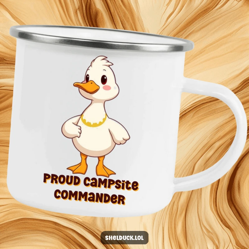 Funny proud shelduck camping mug with a cheerful bird in a proud stance, built for adventure and smiles.