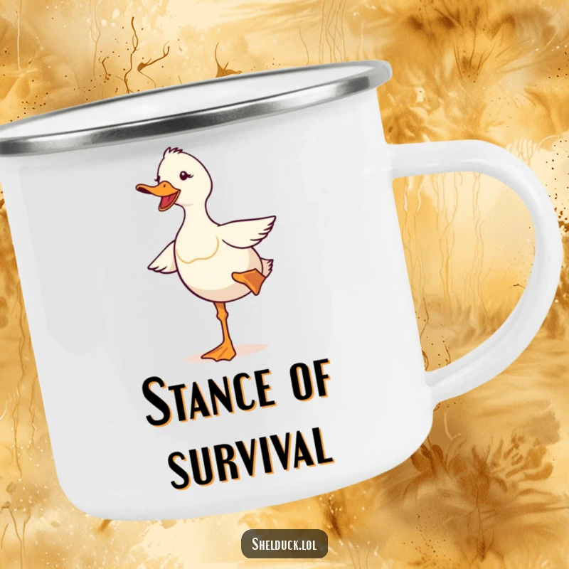 Funny shelduck camping mug featuring a cute bird comically balancing on one leg, perfect for enjoying drinks during outdoor adventures