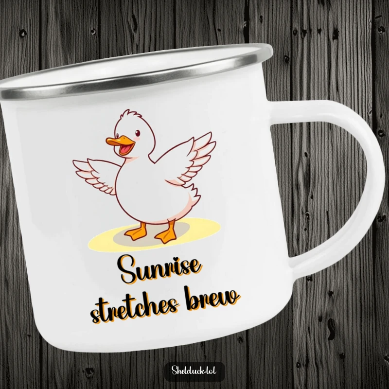 Funny Shelduck Camping Mug: Sturdy mug with a cute shelduck stretching wings in sunshine, ideal for outdoor humor.