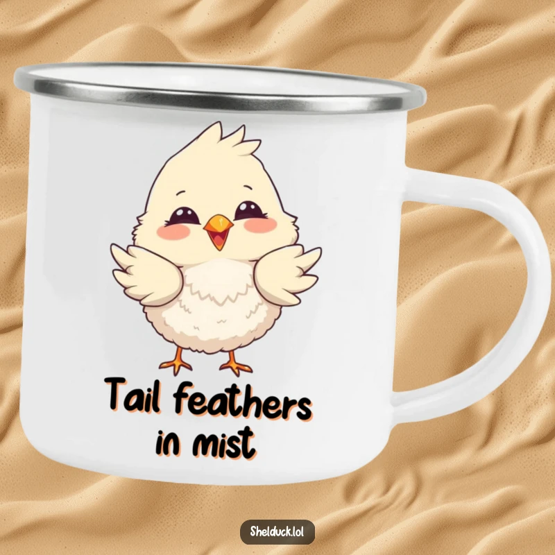 Funny camping mug featuring a fluffy bird with a big smile, playfully dipping its tail feathers for outdoor enjoyment.