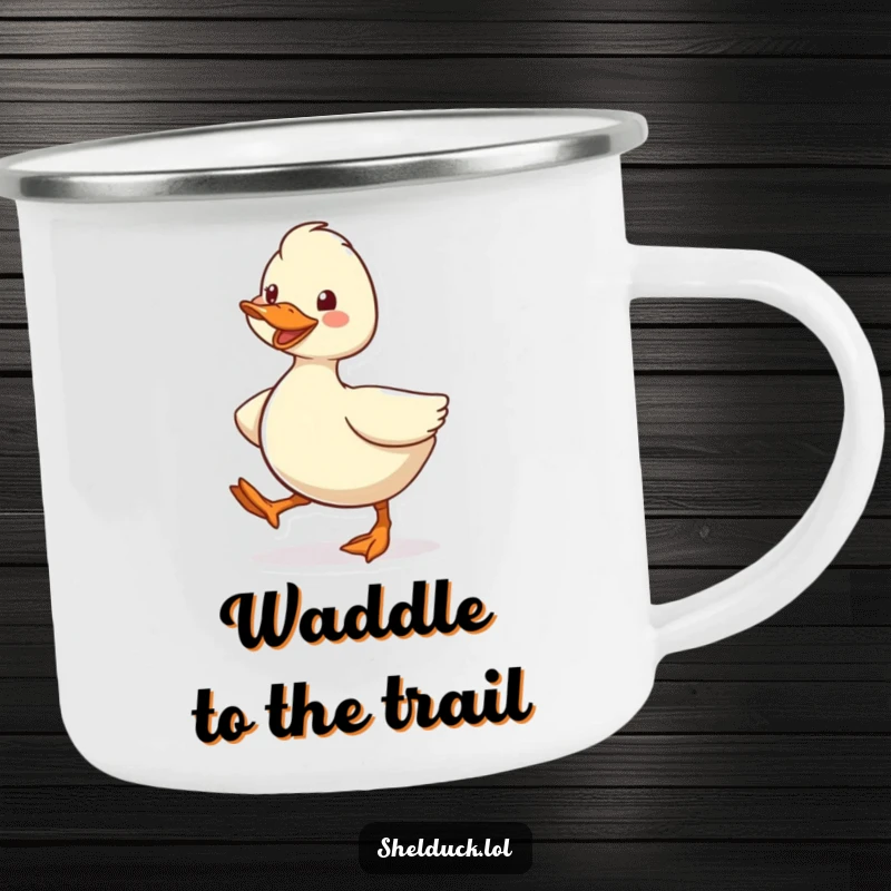 Funny Shelduck Camping Mug, a durable mug with a cute cartoon bird character waddling energetically with a happy grin, perfect for camping.