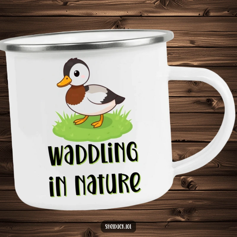 Funny Shelduck Camping Mug: A bird waddles through grass, ideal for outdoor fun with funny charm, excellent funny gift.