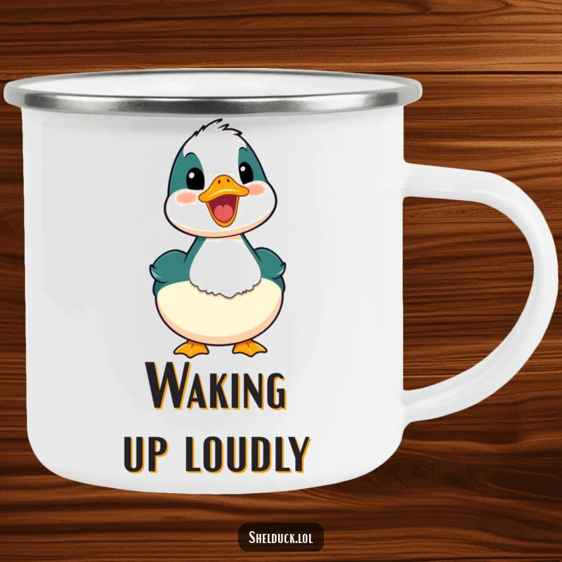 Funny shelduck camping mug featuring a bird with its mouth open in a happy quack, ideal for outdoor enthusiasts.