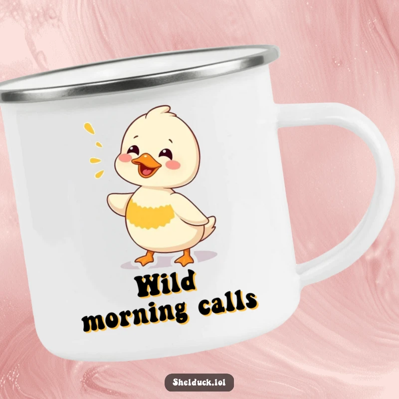 Funny Shelduck Camping Mug: A durable enamel mug portraying a shelduck bird making a funny chirping sound, perfect for camping and picnics.