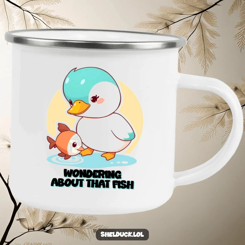 Funny Shelduck Camping Mug featuring a cute duck character curiously watching a small fish, durable for outdoor contemplation.