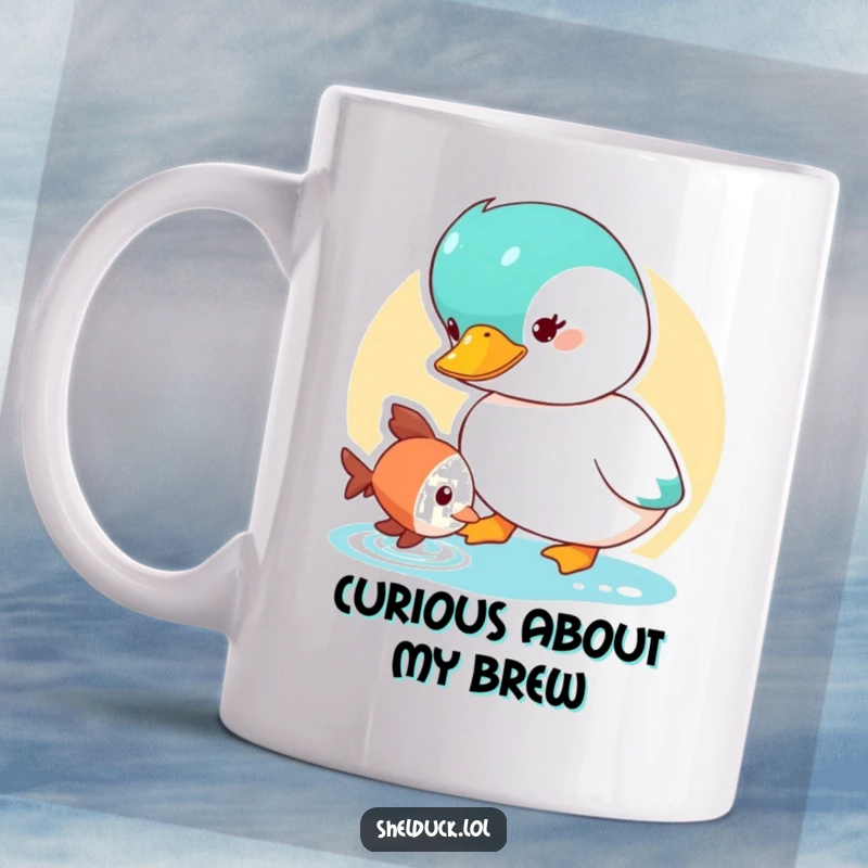 Funny Shelduck Mug showing a cute duck character curiously observing a small fish, perfect for bird enthusiasts.