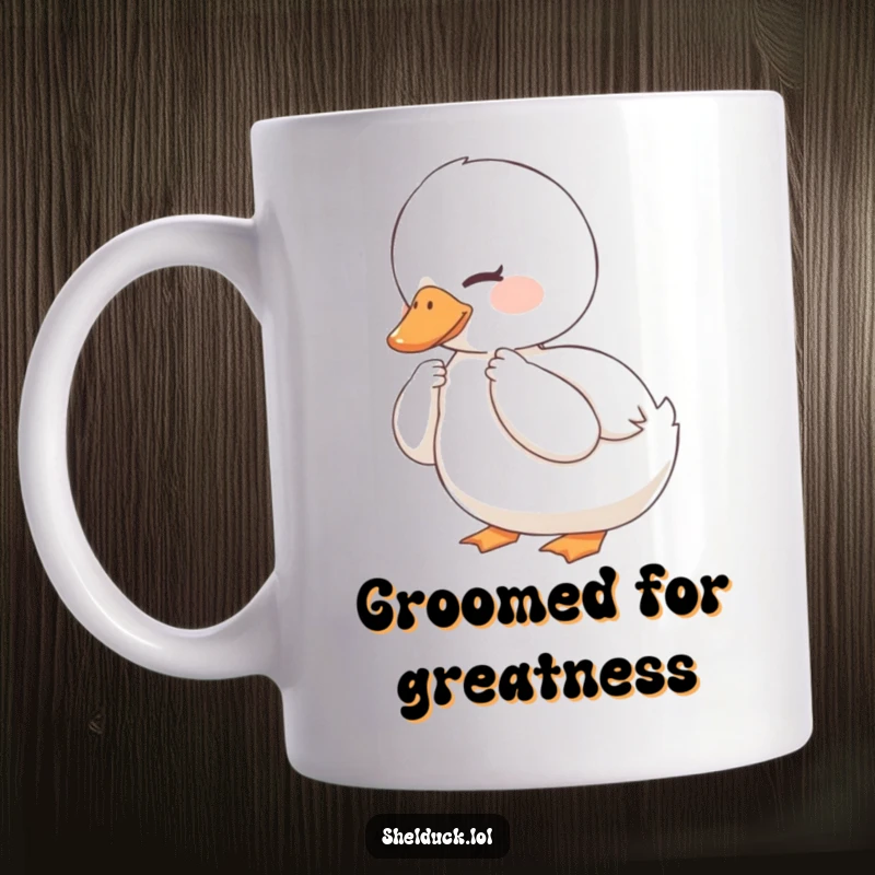 Funny Shelduck Mug: a contented shelduck meticulously preens its feathers with a serene, peaceful smile.