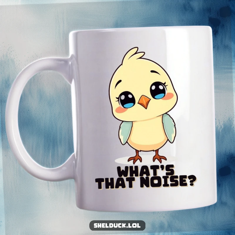Funny mug featuring a comical bird tilting its head with a curious and endearing expression, perfect for adding humor to your day.