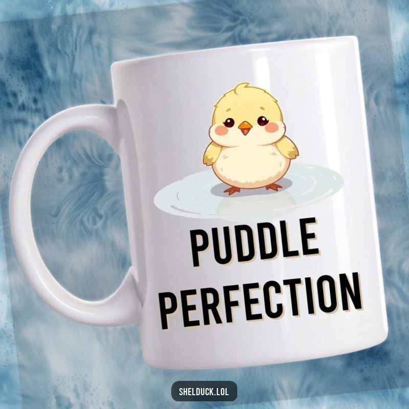 Funny small round bird mug, fluffy, happily bobbing in a shallow puddle, cute animal, funny gift.