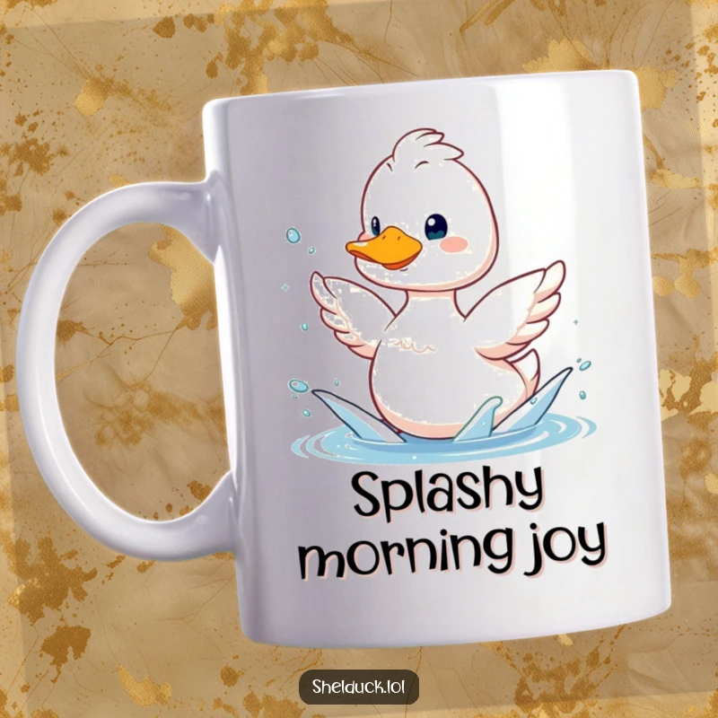 Funny shelduck mug, cute bird with bright smile playfully splashing water with its wings, aquatic humor, perfect gift.