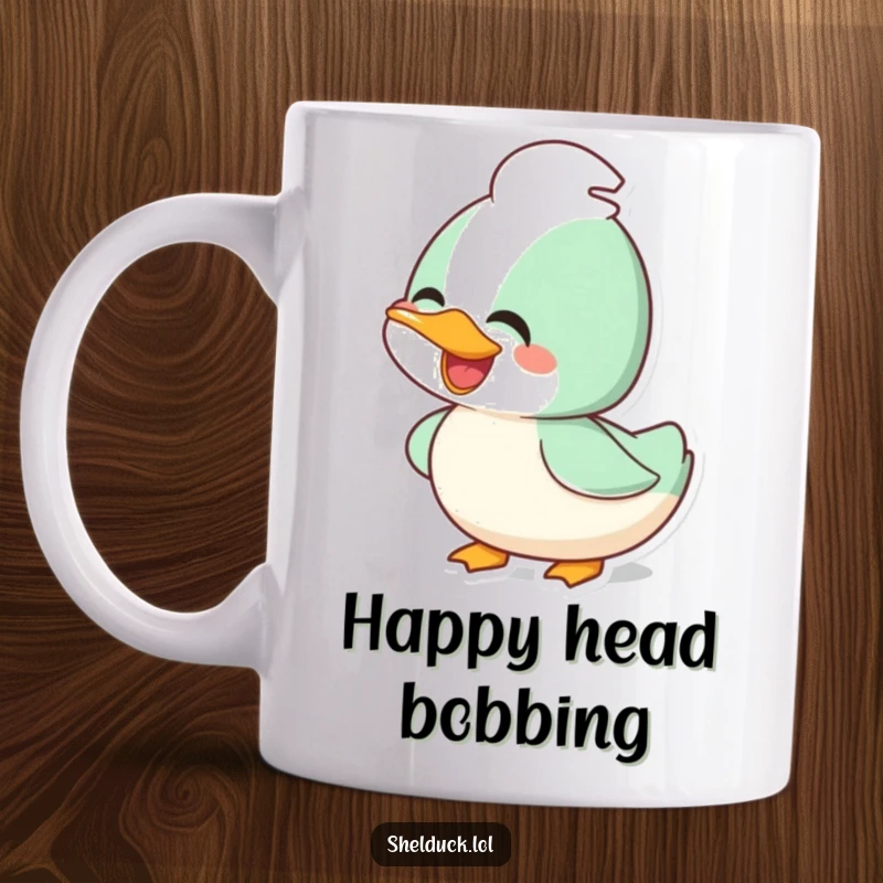 Funny shelduck mug featuring a happy bird joyfully bobbing its head, radiating infectious cheer and fun.