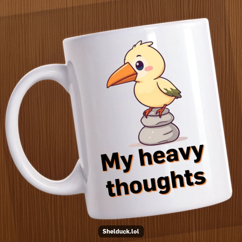 Funny mug featuring a stylized bird with an oversized beak humorously attempting to balance a tall stack of pebbles.