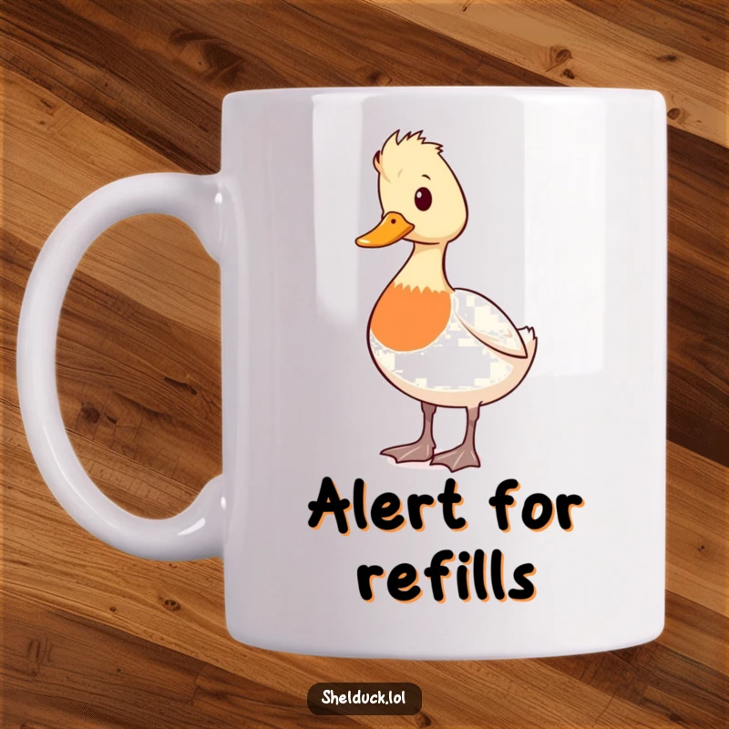 Funny shelduck mug showing a cute duck character standing tall and alert, scanning its surroundings with a vigilant expression.