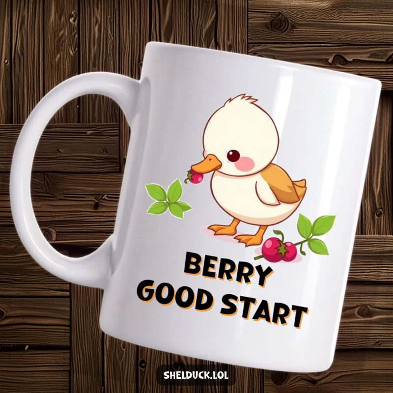 Funny shelduck mug featuring a cute duck character eagerly pecking at a small berry, showcasing its focus and enjoyment.