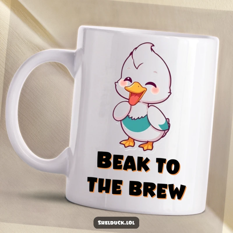 Funny Shelduck Mug: A shelduck bird joyfully dipping its beak into water, depicted with cheerful expression, bringing lightheartedness.