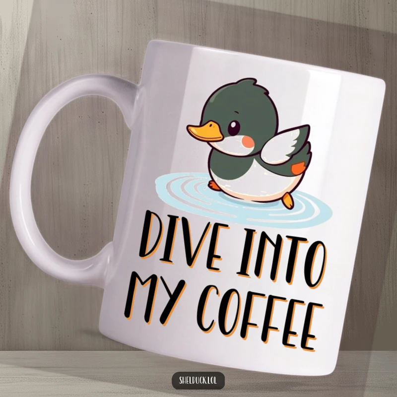 Funny shelduck mug featuring a small bird playfully diving headfirst into the water with a splash.