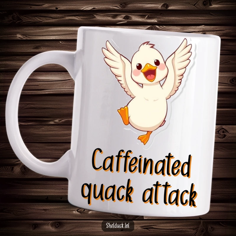 Funny shelduck mug featuring a cute character joyfully flapping its wings vigorously, symbolizing excitement and cheerful energy