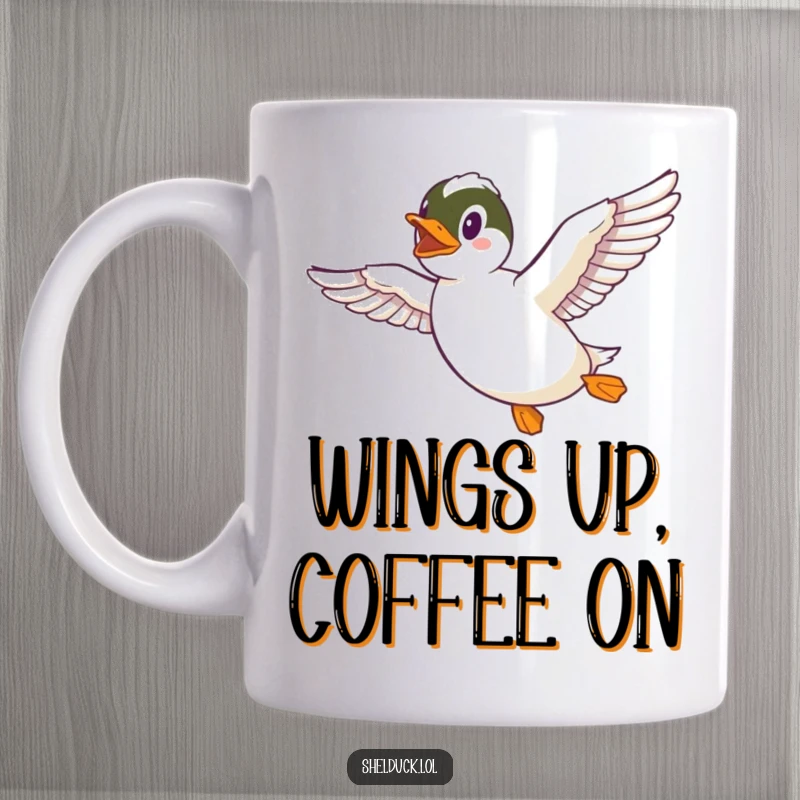 Funny Shelduck Mug showing a jubilant shelduck in mid-flight, wings spread wide in pure happiness, perfect for humor enthusiasts.