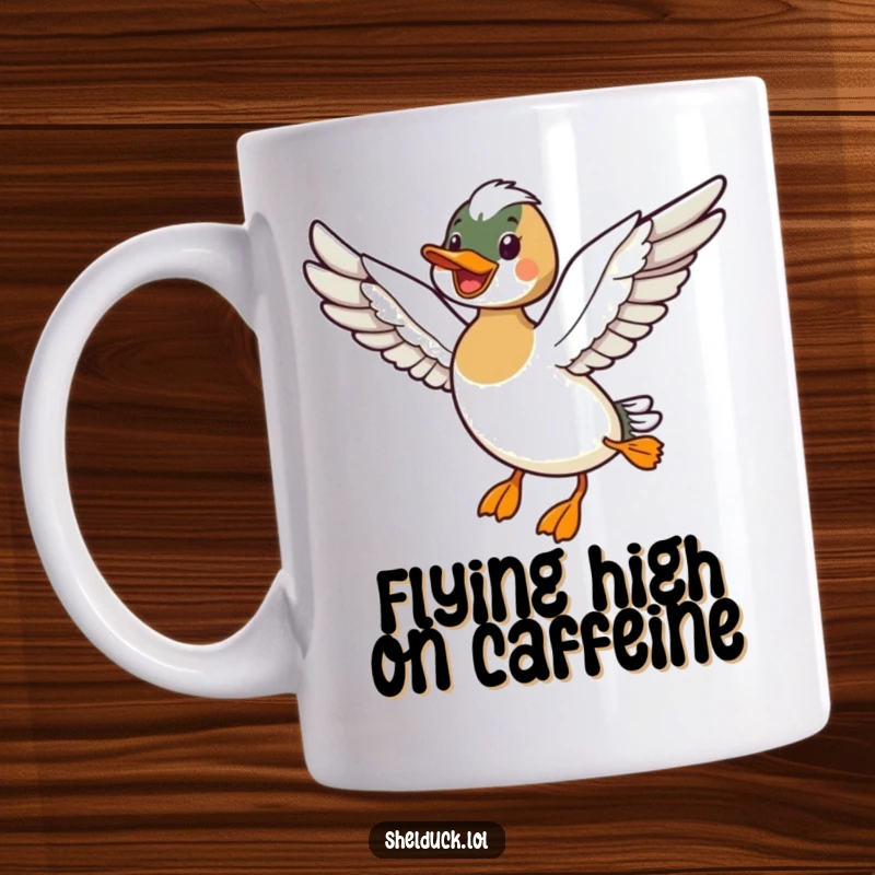 Funny mug depicting a shelduck bird joyfully flying with its wings fully outstretched, symbolizing freedom and happiness.
