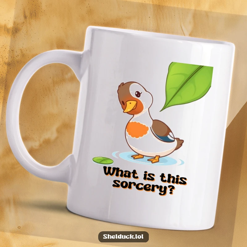 Funny Shelduck Mug: A curious shelduck tilts its head, observing a leaf float by, embodying a moment of gentle, funny contemplation.