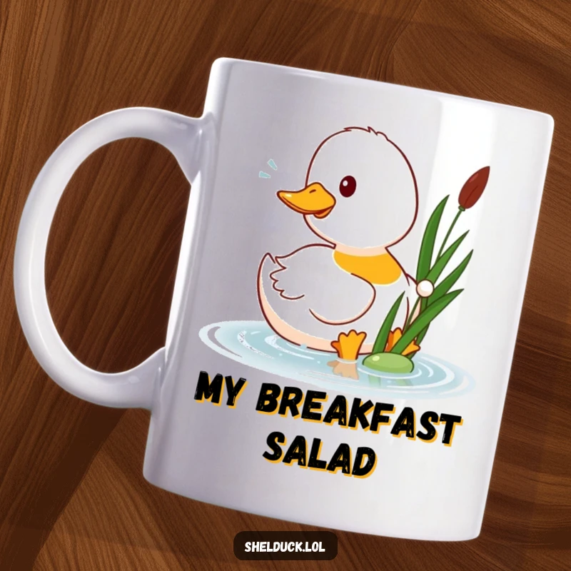 Funny shelduck mug shows a happy shelduck bird playfully pecking at a floating reed with a cheerful expression, a delightful scene.