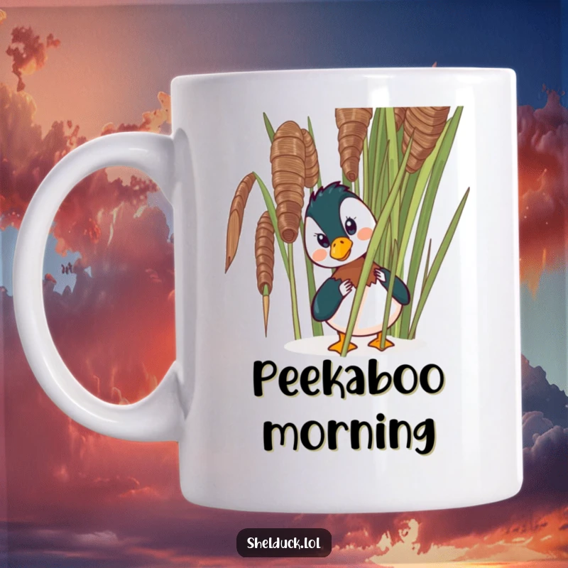 Funny shelduck mug featuring a comical bird peeking out from behind a large reed, showcasing its mischievous and playful nature.