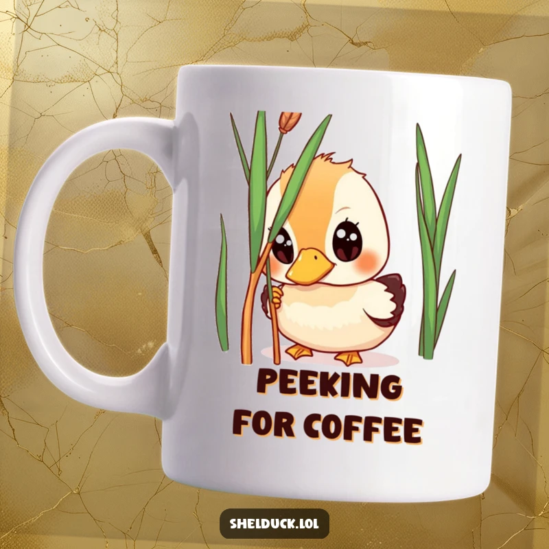 Funny shelduck mug, wide-eyed bird peeking from behind reed, curious expression, humorous bird design, perfect gift.