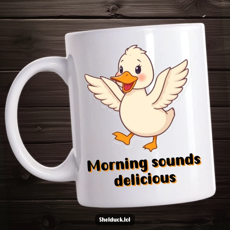 Funny shelduck mug featuring a cute bird happily quacking loudly while energetically flapping its wings.