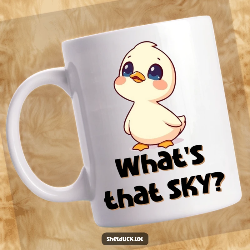 Funny shelduck mug features a curious shelduck bird looking up at the sky with wide, wondering eyes.