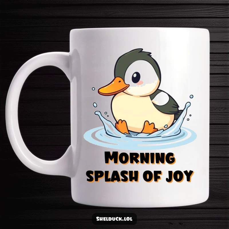 Funny shelduck mug, playful bird splashing water with beak, aquatic fun, humorous bird design, perfect gift.