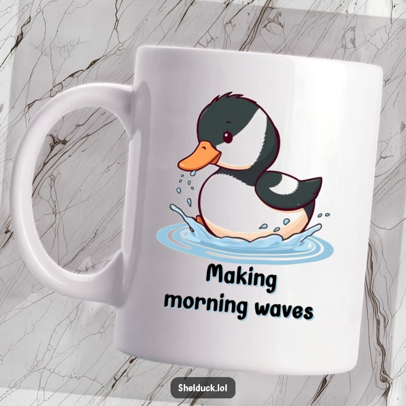 Funny mug shows a shelduck bird joyfully splashing water with its beak, embodying playful water antics.