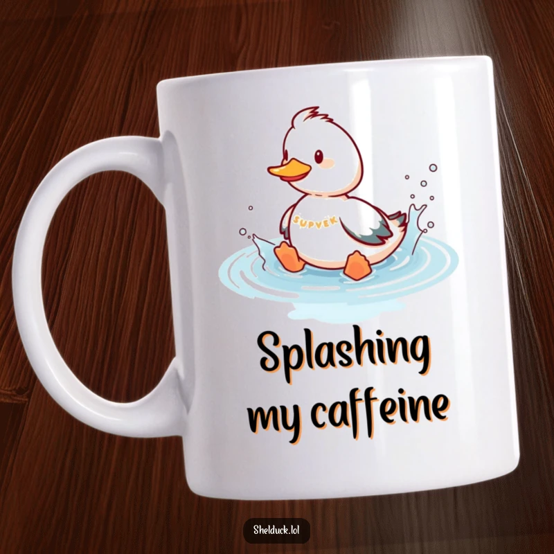 Funny shelduck mug featuring a playful bird splashing joyfully in imaginary water, radiating fun and lightheartedness.