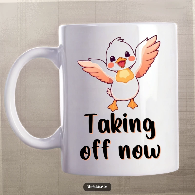 Funny shelduck mug shows a shelduck bird joyfully taking flight with wings spread wide, symbolizing freedom and happiness.
