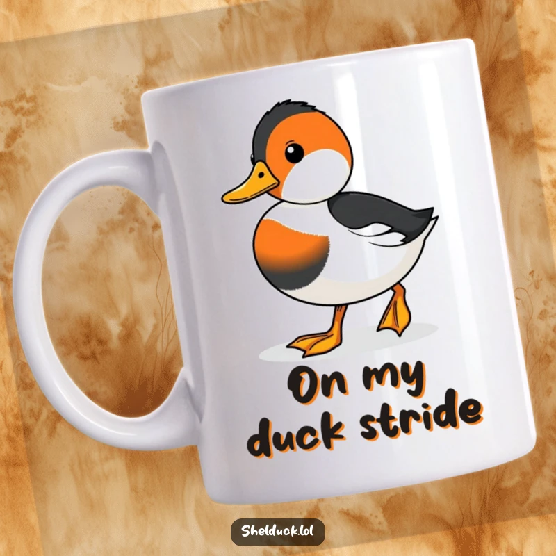 Funny mug showcasing a cute shelduck waddling with a seriously determined look, ready to conquer the day.