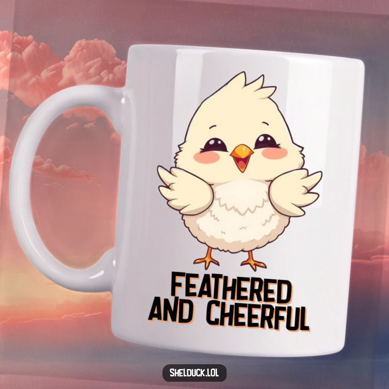 Funny mug featuring a fluffy bird with a big smile, playfully dipping its tail feathers with a happy flourish.
