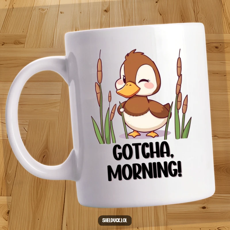 Funny Mug featuring a playful shelduck bird with a mischievous grin, winking from behind reeds.