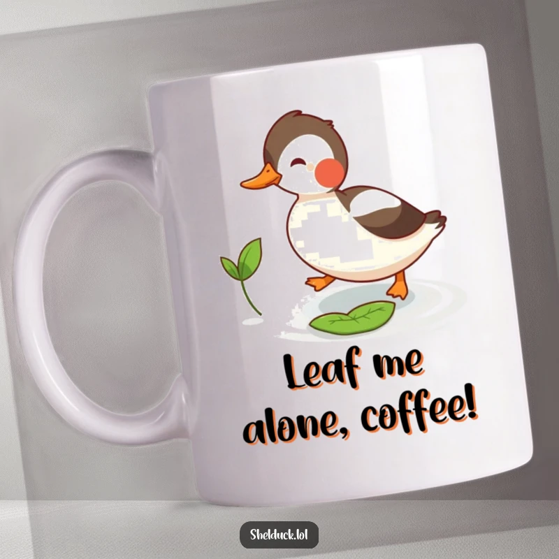 Funny shelduck mug with a joyful bird playfully chasing its tiny floating leaf, capturing a moment of pure, lighthearted fun.