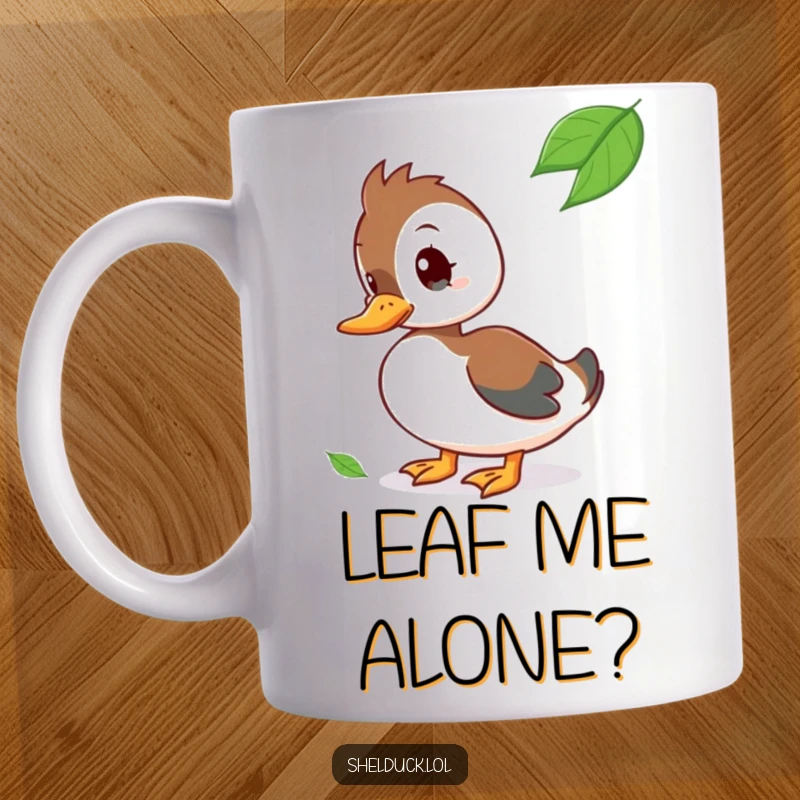 Funny Mug featuring a curious shelduck bird tilting its head, questioning a floating leaf.