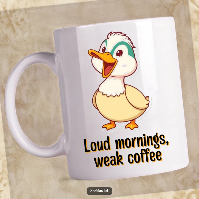 Funny Shelduck Mug: A shelduck honks playfully with its beak wide open, expressing loud joy and energy.