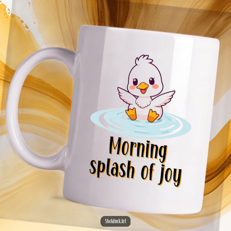 Funny Shelduck Bobbing Mug featuring a happy duck emerging from water with a cheerful expression, perfect for bird fans.