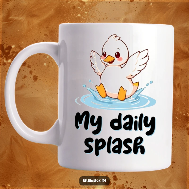 Funny shelduck mug showing a bird playfully splashing water with its wings, embodying carefree fun and aquatic joy.